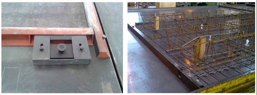 Left: a single shuttering magnet clamping a side form. Right: magnets holding side forms around a reinforcement cage in a mould.